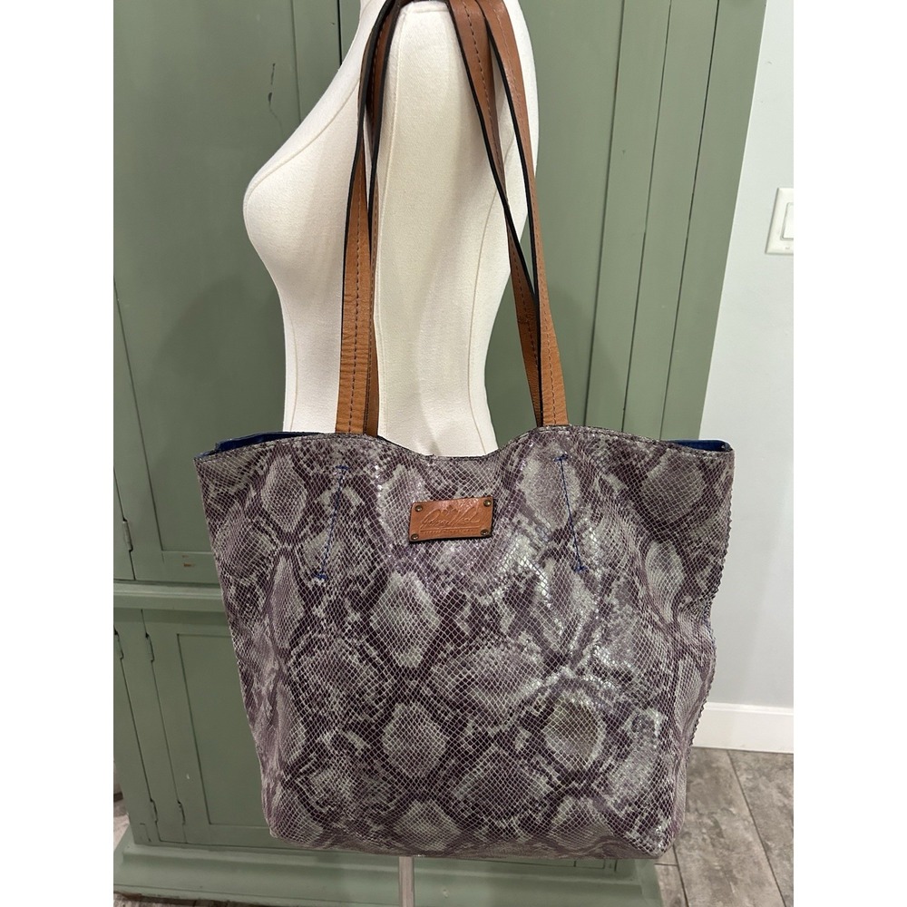 Patricia Nash Italian‎ Leather Python Snake Print Tote Bag Cobalt Blue Inside